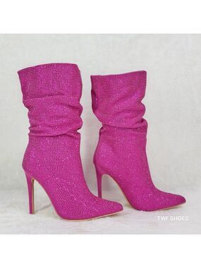 Resolve Sparkling Pink Rhinestone High Heel Slouch Calf Boots New Years Bling